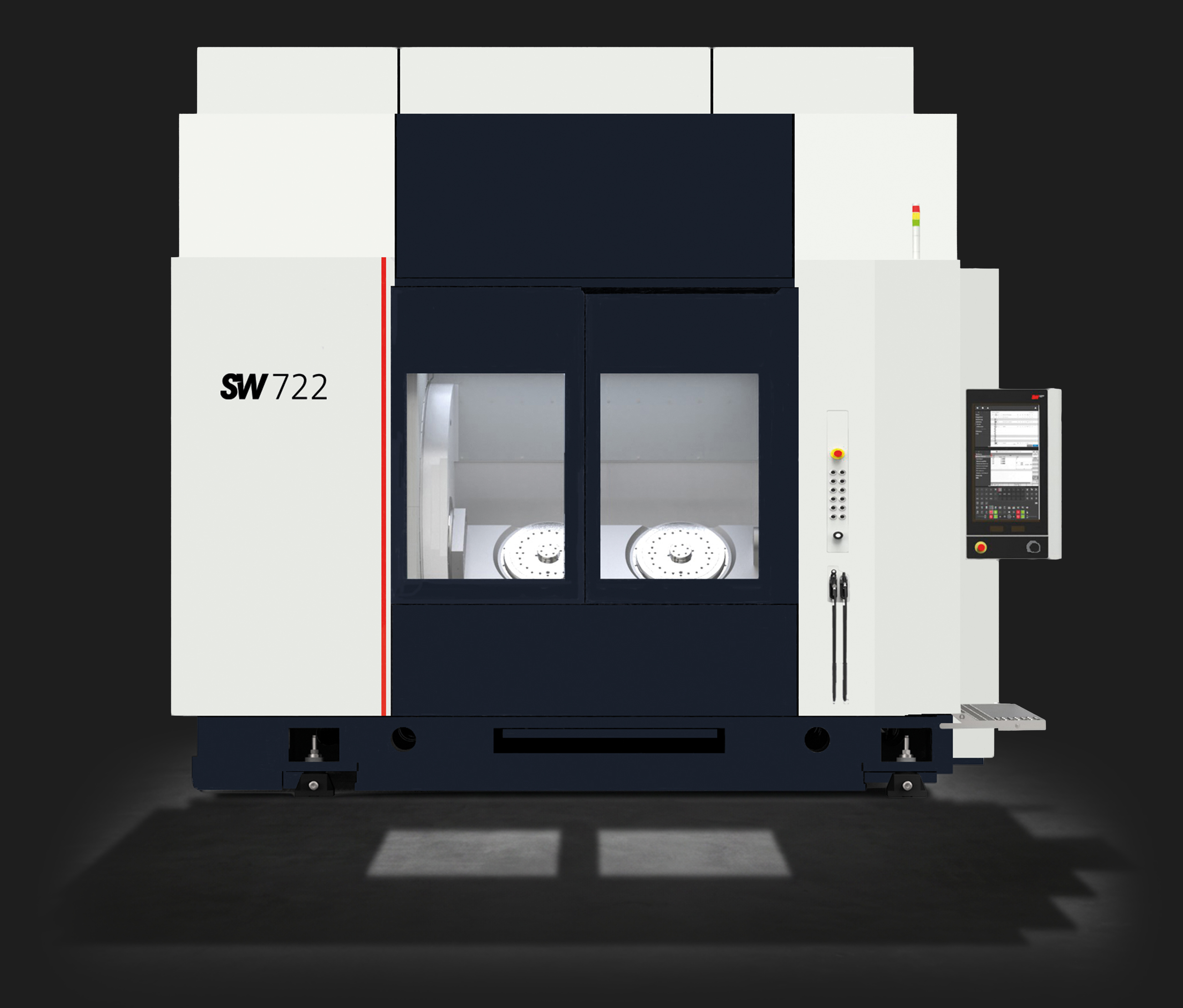 Eine 2 Meter hohe und breite Maschine mit einem Bedienfeld auf der rechten Seite. Auf der Maschine steht SW 722