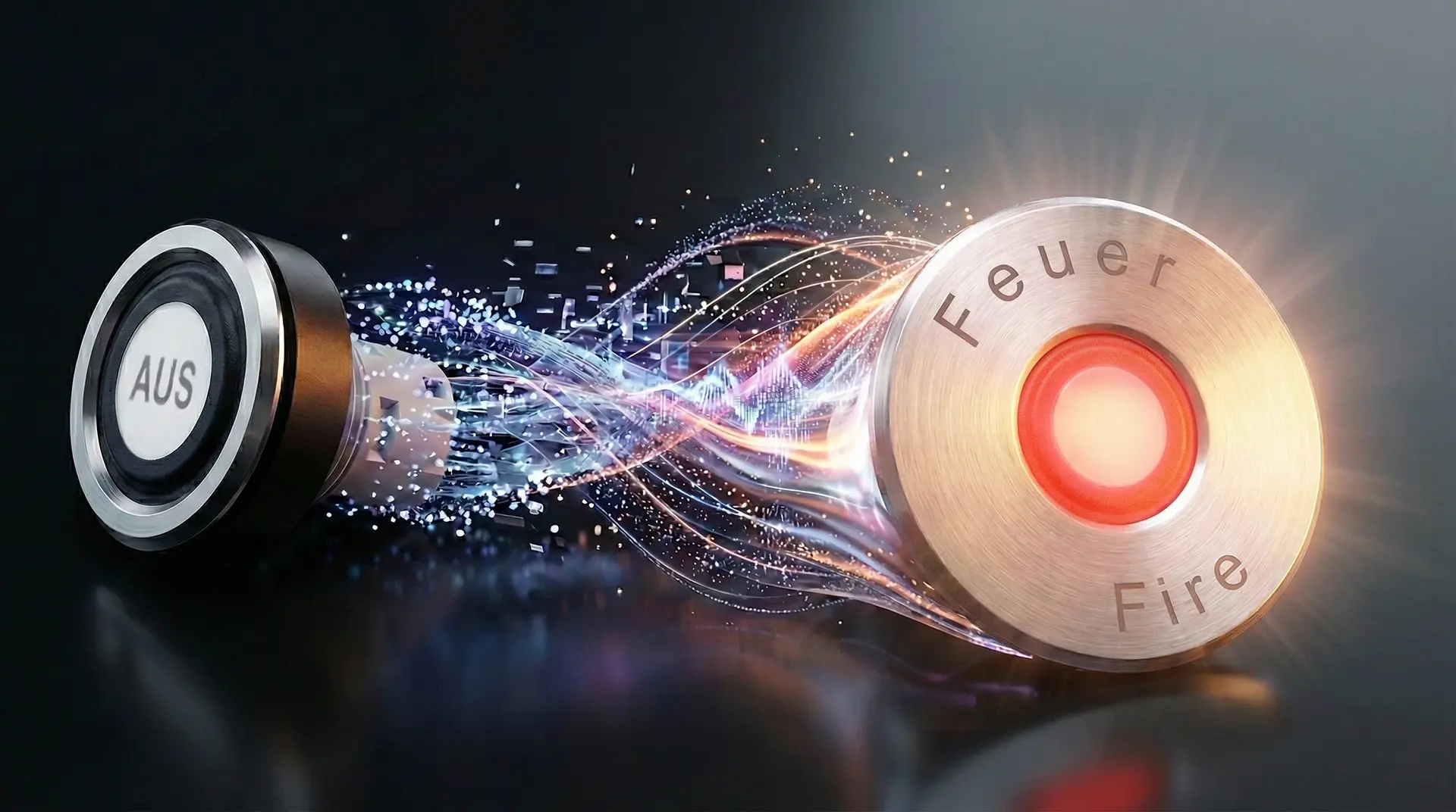 Ein Drucktaster mit Aufschrift AUS auf der linken Seite verbunden durch Linien mit einem Drucktaster mit der Beschriftung Feuer Fire.