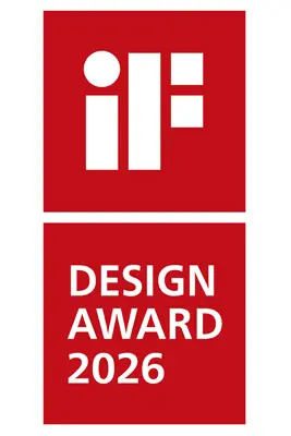 Ein rotes Logo das aus zwei roten Quadraten besteht. Im oberen Quadrat steht iF und im unteren DESIGN AWARD 2026