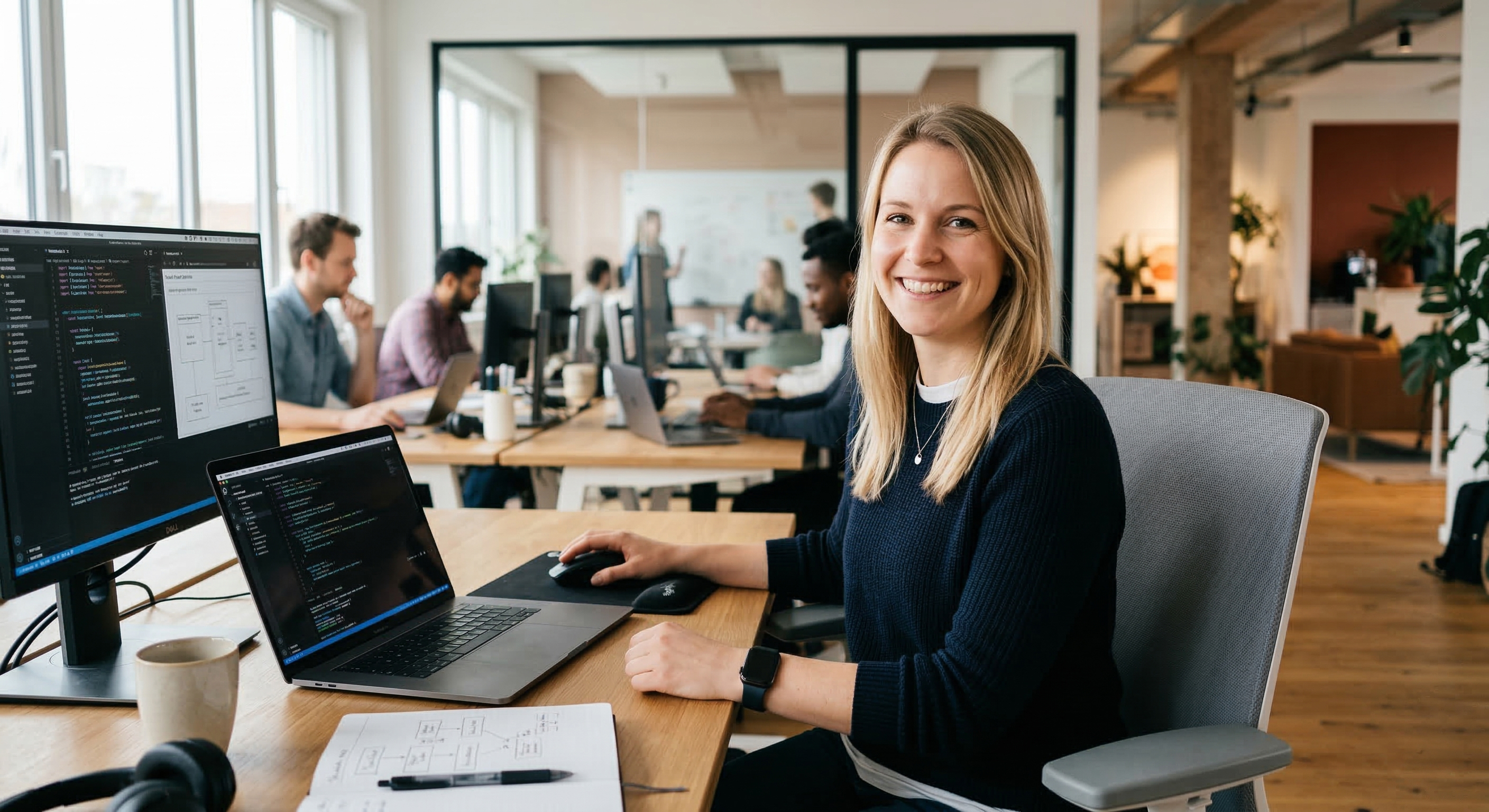 Eine Frau sitzt vor einem Laptop und lächelt in die Kamera