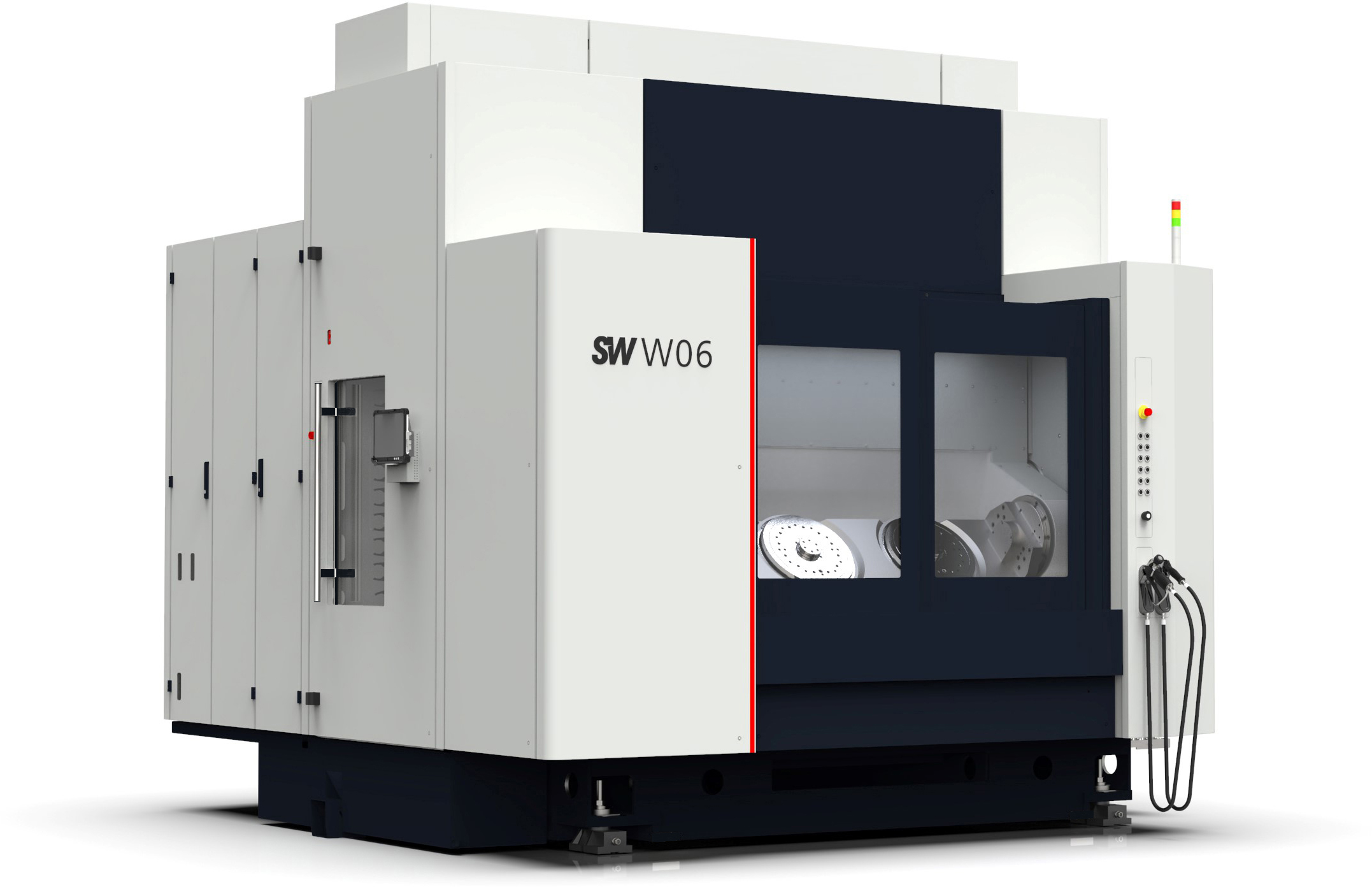 Eine 2 Meter hohe und breite Maschine mit einem Bedienfeld auf der rechten Seite. Auf der Maschine steht SW W06