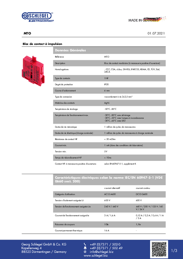 MTO | Modular contact block, momentary